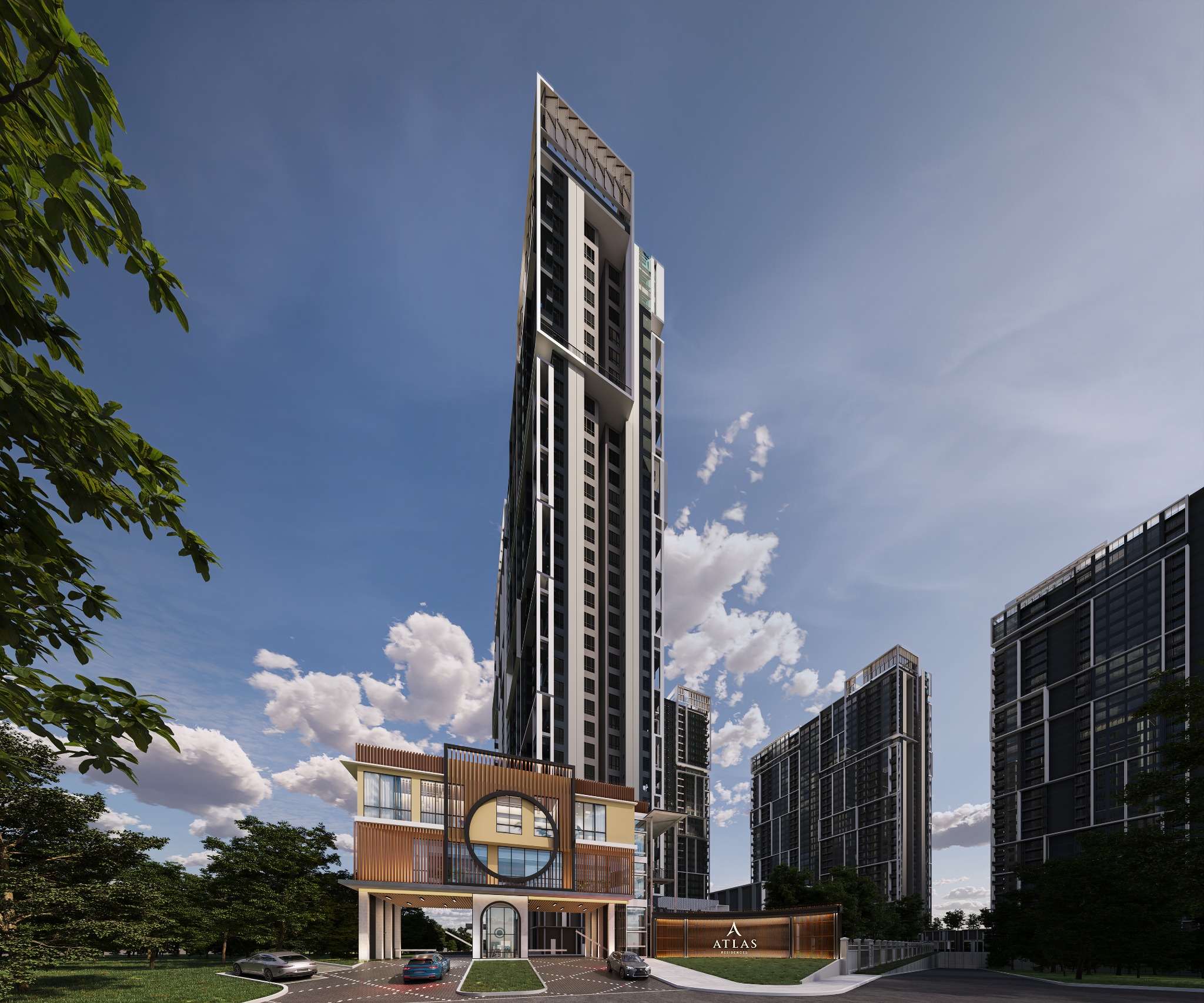 Atlas Residences entrance and towers